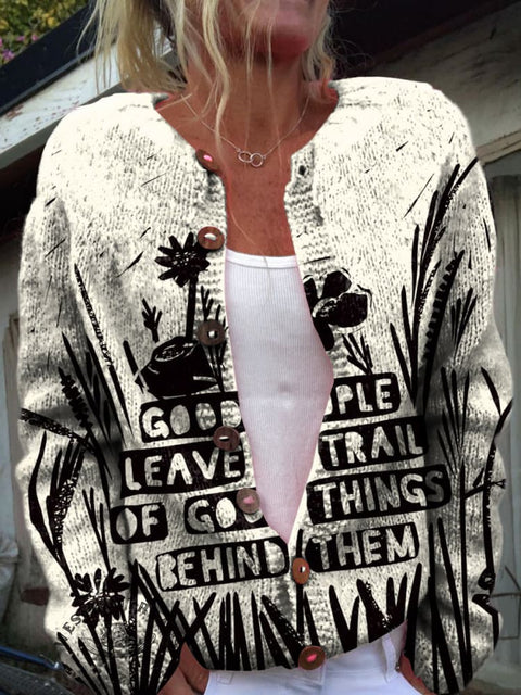 Letters and Flowers Print Buttoned Cardigan Sweater