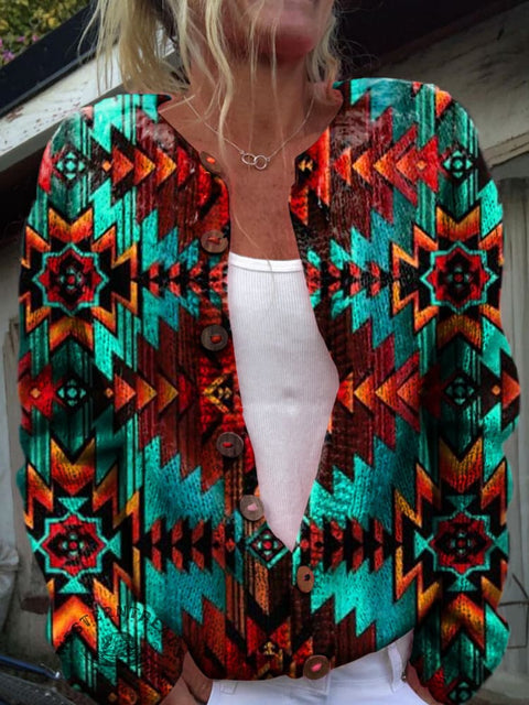 Colorful Aztec Geometric Pattern Print Buttoned Cardigan Sweater