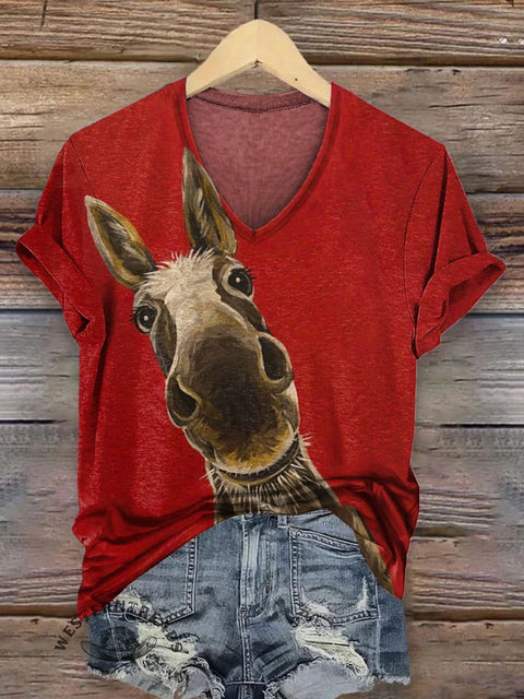 Women's Funny Donkey V-neck Casual T-Shirt