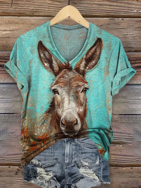 Women's Funny Donkey V-neck Casual T-Shirt
