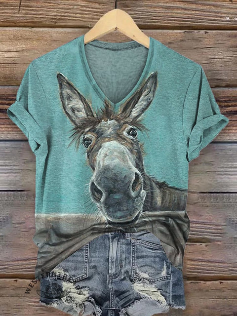 Women's Funny Donkey V-neck Casual T-Shirt