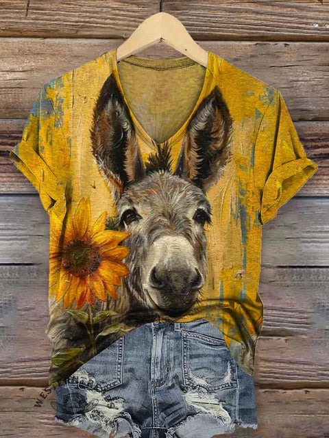 Women's Funny Donkey V-neck Casual T-Shirt