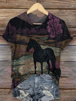 Retro Landscape and Black Horse T-shirt