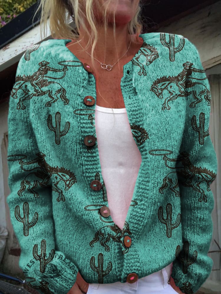 Turquoise Green Horseback Riding Cowboy and Cactus Print Buttoned Cardigan Sweater