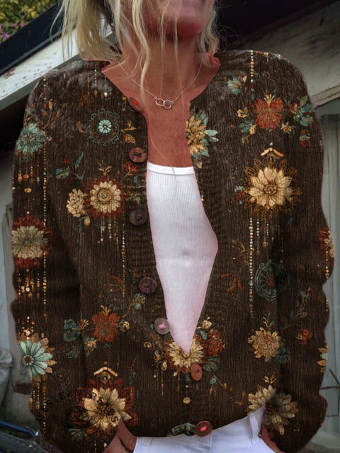 Brown Flower Print Buttoned Cardigan Sweater