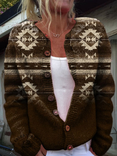 Brown Aztec Gradient Print Stitching Print Buttoned Cardigan Sweater