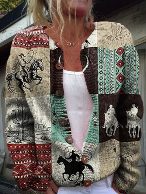 Retro Western Cowboy Horse Cactus Plaid Stitching Print Stitching Print Buttoned Cardigan Sweater
