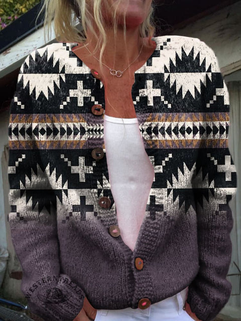 Aztec Cross Gradient Print Stitching Print Buttoned Cardigan Sweater