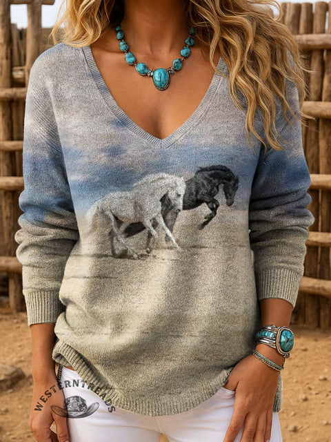 Women's White Horse and Black Horse Casual Pullover Sweater
