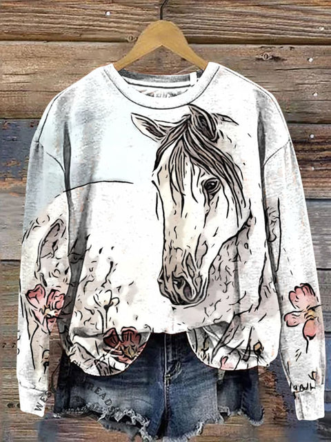 White Horse and Flower Casual Cotton Sweatshirt