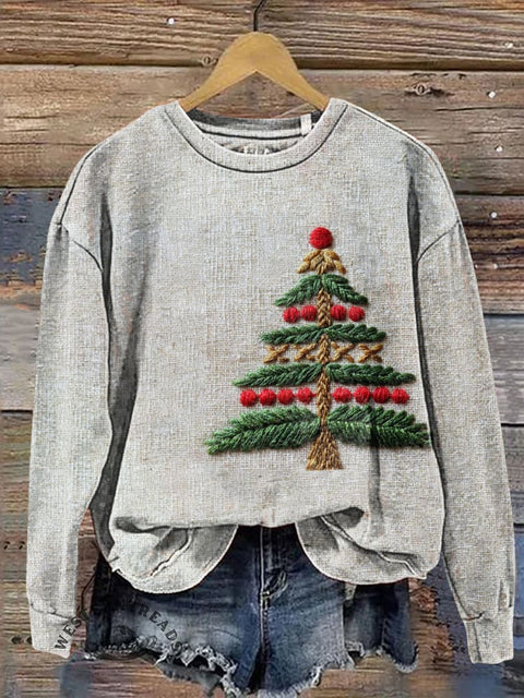 Embroidered Visual Christmas Tree Casual Cotton Sweatshirt