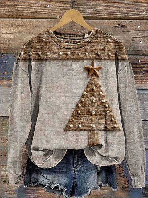 Beading Visual Christmas Tree Casual Cotton Sweatshirt