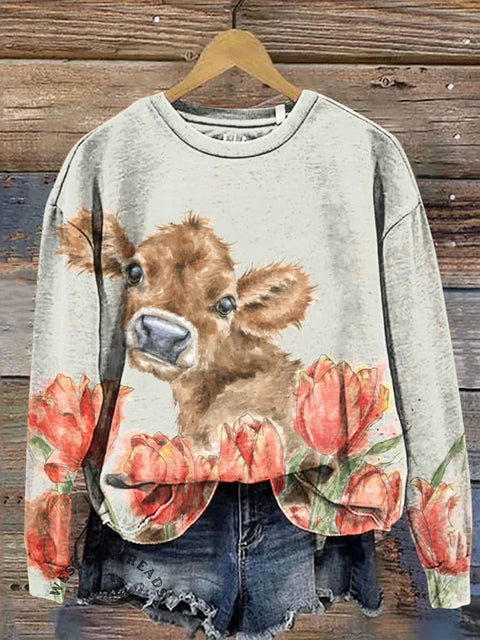 Cute Calf and Flowers Casual Cotton Sweatshirt