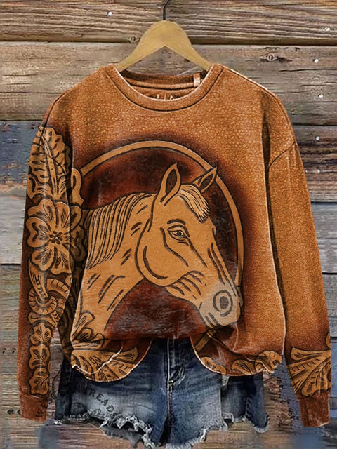 Imitation Leather Visual Retro Horse Casual Cotton Sweatshirt