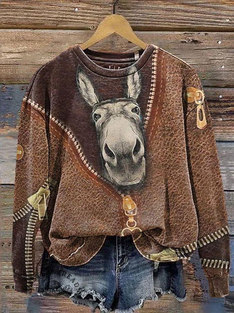 Imitation Leather Visual Retro Donkey Casual Cotton Sweatshirt