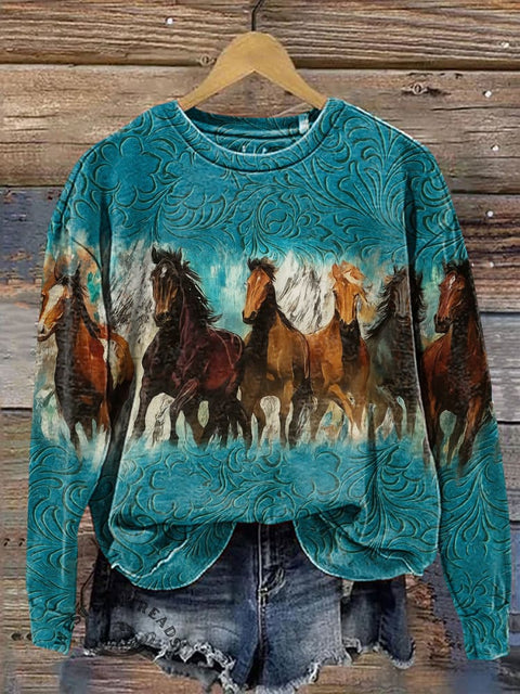 Retro Flower and Horse Casual Cotton Sweatshirt