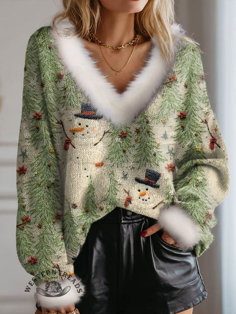 Retro Snowman Print Knit Pullover Sweater