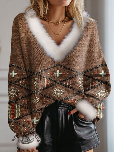 Retro Brown Diamond Check Pattern Print Knit Pullover Sweater
