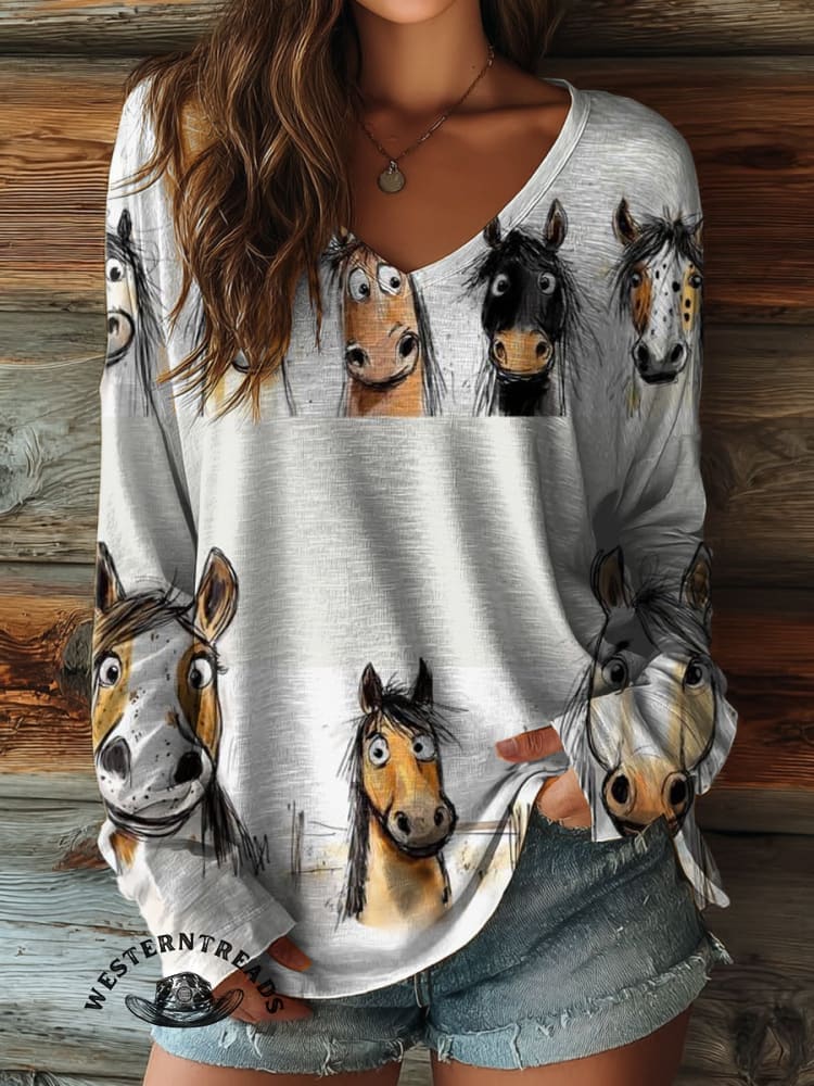 100% Cotton🍃Women's Funny Donkey Print Casual V-neck Long Sleeve T-shirt
