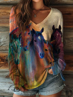 100% Cotton🍃Women's Color Horse Print Casual V-neck Long Sleeve T-shirt