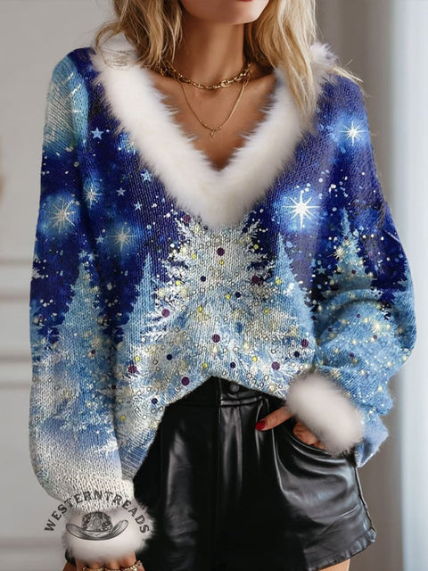 Silver Colored Christmas Tree Print Knit Pullover Sweater