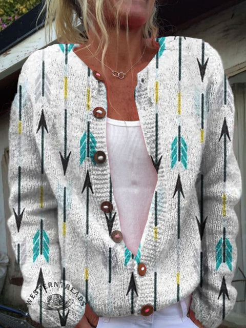Colorful Feather Arrows Print Buttoned Cardigan Sweater