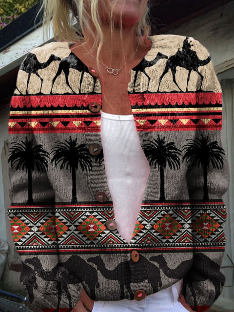 Retro Camel Aztec Coconut Tree Print Buttoned Cardigan Sweater