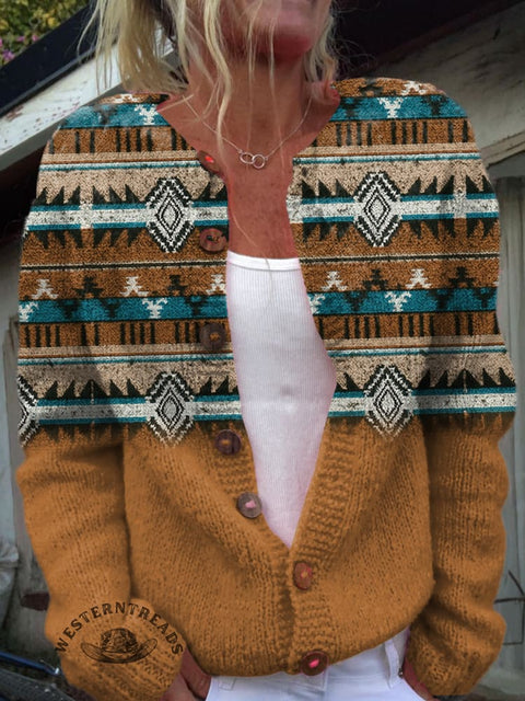Retro Aztec Print Buttoned Cardigan Sweater