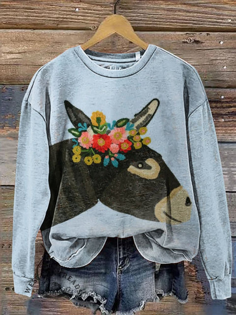 Donkey with Flowers On Its Head Casual Cotton Sweatshirt