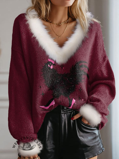 Chicken In High Heels Print Knit Pullover Sweater