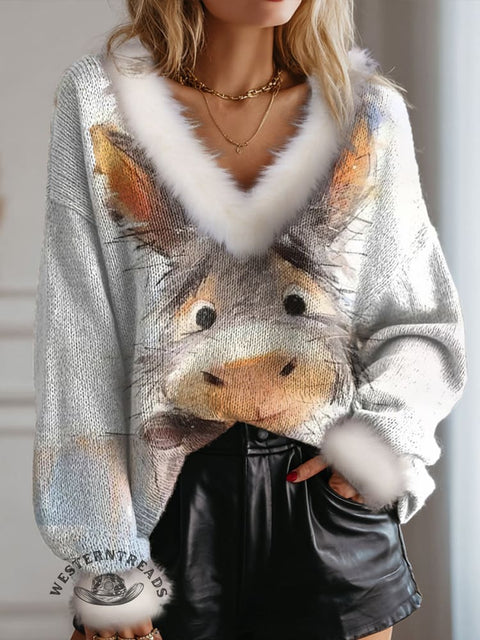 Funny Cute Donkey Pattern Print Knit Pullover Sweater