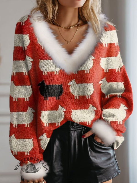 Black and White Sheep Print Knit Pullover Sweater