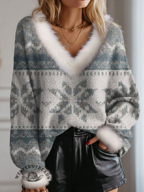 Christmas Snowflake Print Knit Pullover Sweater
