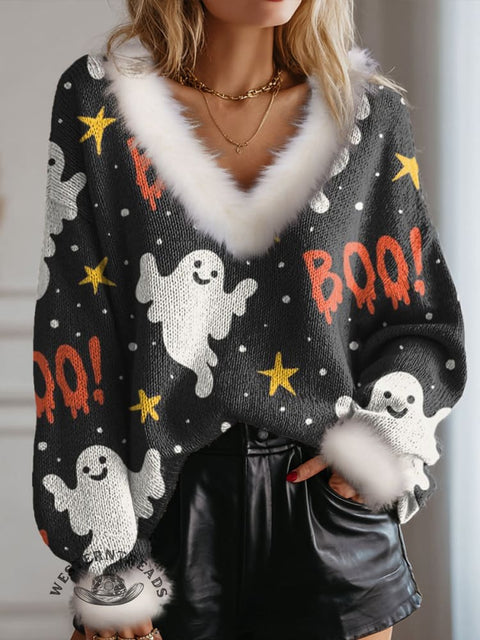 Ghost Print Knit Pullover Sweater