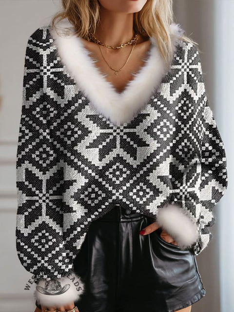 Retro Snowflake Pattern Print Knit Pullover Sweater