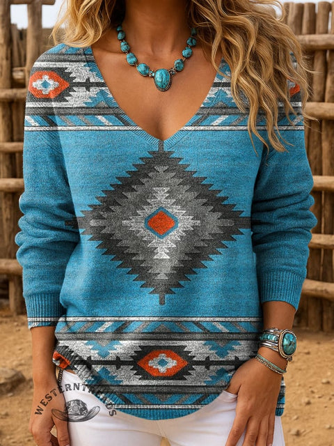 Blue Aztec Pattern Women's Casual Pullover Sweater