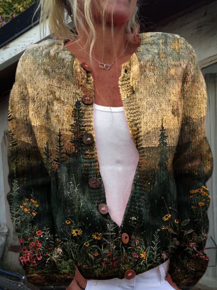 Retro Flowers Print Buttoned Cardigan Sweater