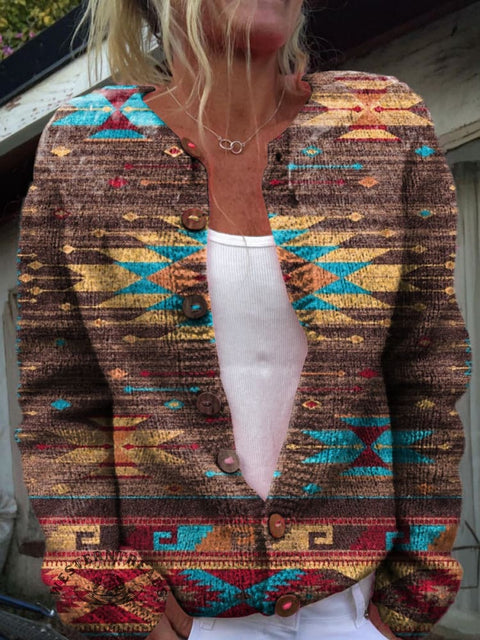 Retro Azct Print Buttoned Cardigan Sweater