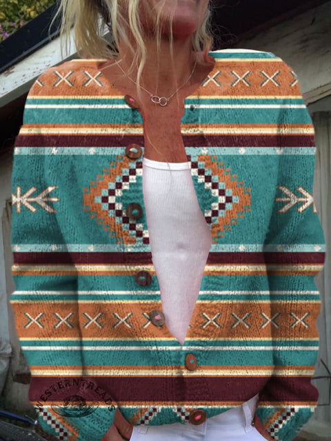 Retro Azct Print Buttoned Cardigan Sweater