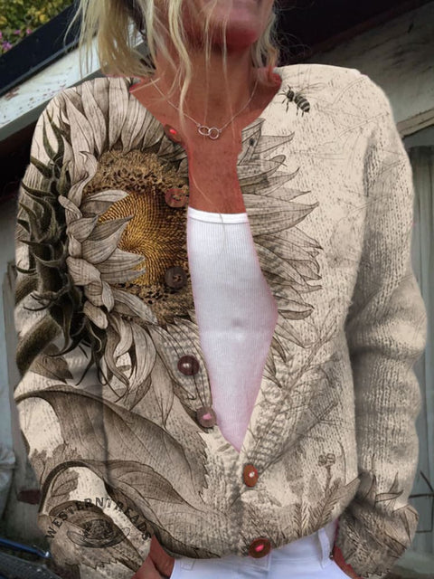 Retro Sun Flower Print Buttoned Cardigan Sweater