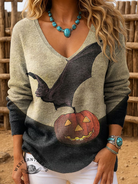 Halloween Black Bats and Pumpkins Women's Casual Pullover Sweater