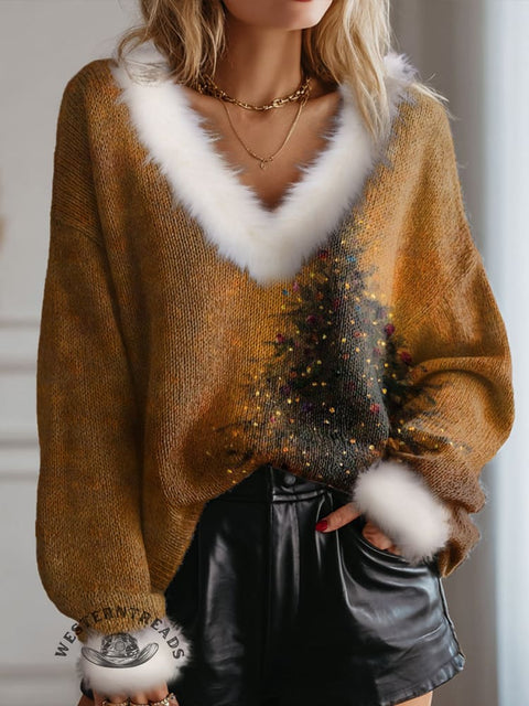 Retro Christmas Tree Print Knit Pullover Sweater