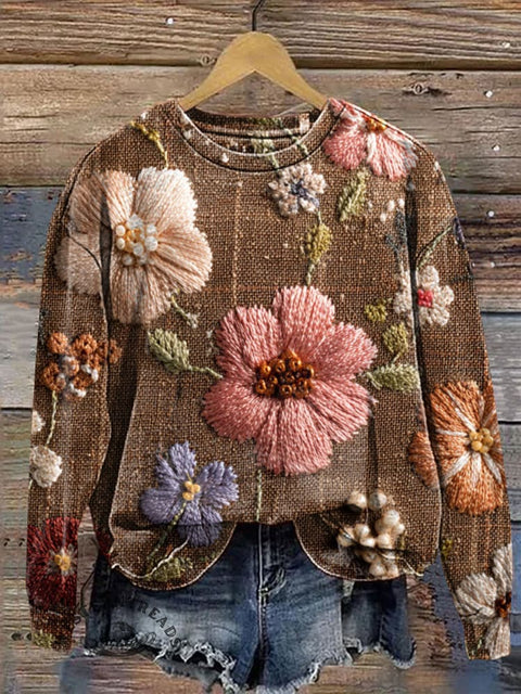 Imitation Embroidery Visual Retro Flowers Casual Cotton Sweatshirt