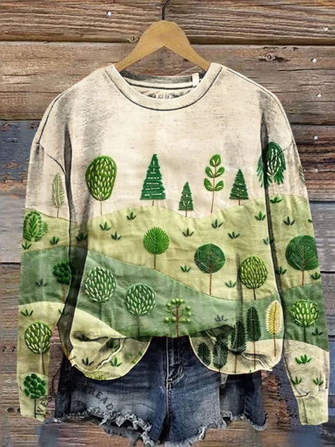Patchwork Visual Green Tree Casual Cotton Sweatshirt