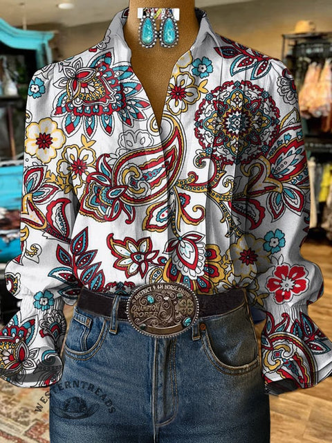 Women's Retro Cashew Flower Print Casual Cotton And Linen Shirt