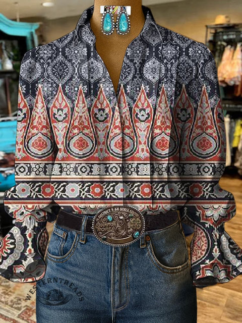 Women's Retro Flower Print Casual Cotton And Linen Shirt