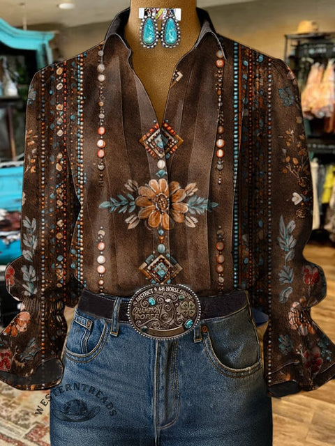 Women's Retro Brown Flower Print Casual Cotton And Linen Shirt