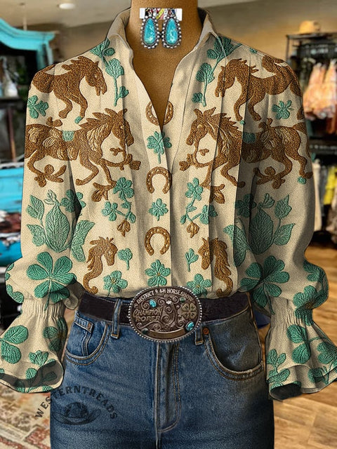 Women's Retro Horse and Flower Print Casual Cotton And Linen Shirt