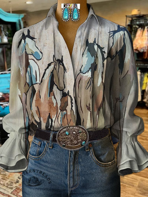 Retro Horses Print Casual Cotton And Linen Shirt