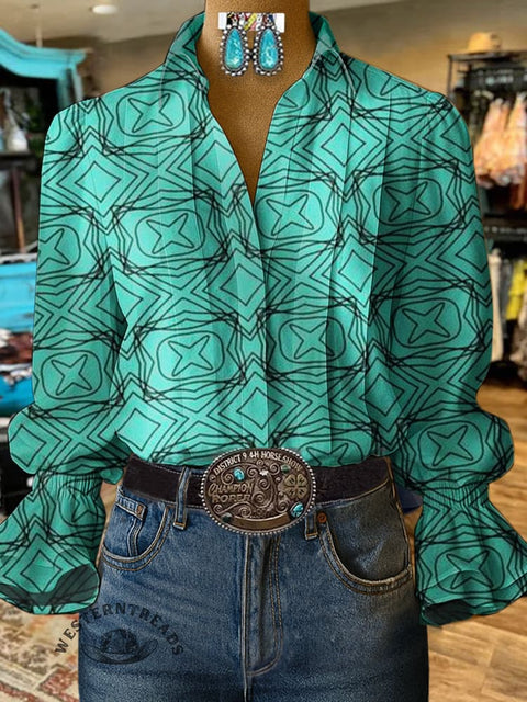 Turquoise Green Geometry Print Casual Cotton And Linen Shirt